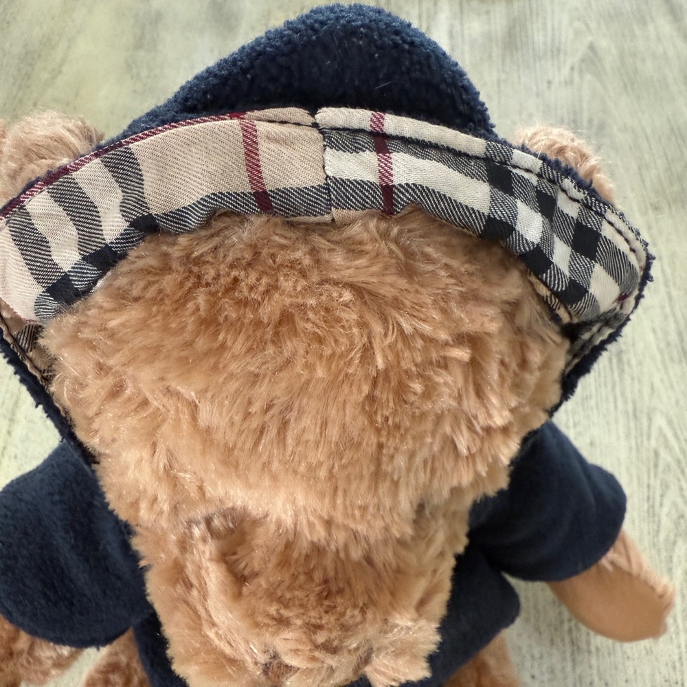 Burberry 2009 Brown Teddy Bear with Navy Blue Hoodie-signature Burberry pattern. - Picture 5 of 8